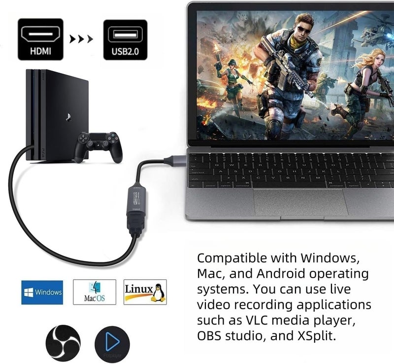 XinYaa Video Capture Card, HDMI to USB/USB-C Capture Card for Streaming, 1080P 60fps Video Capture Device for Game Recording, Compatible for Windows,Quest 3, Switch, OBS, PS4/PS5 - Image 4